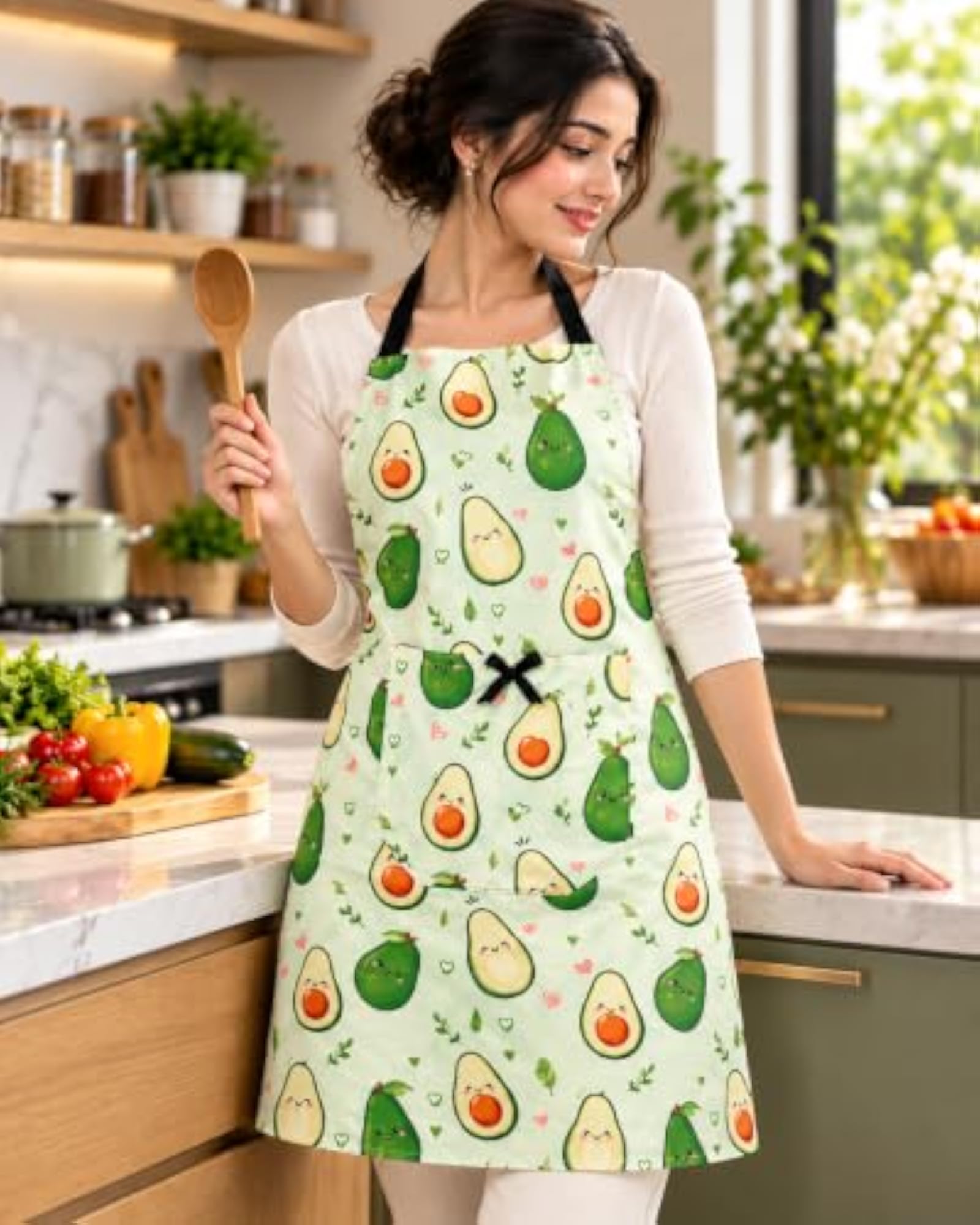 Avocado Print Kitchen Apron for Women with Large Pocket & Bow