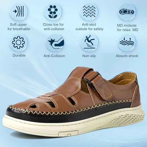 MAIZUN Men's Leather Sandals Outdoor Casual Closed Toe Sport Sandals Summer Fisherman Beach Shoes with Adjustable for Athletic Hiking Walking Size 7.52