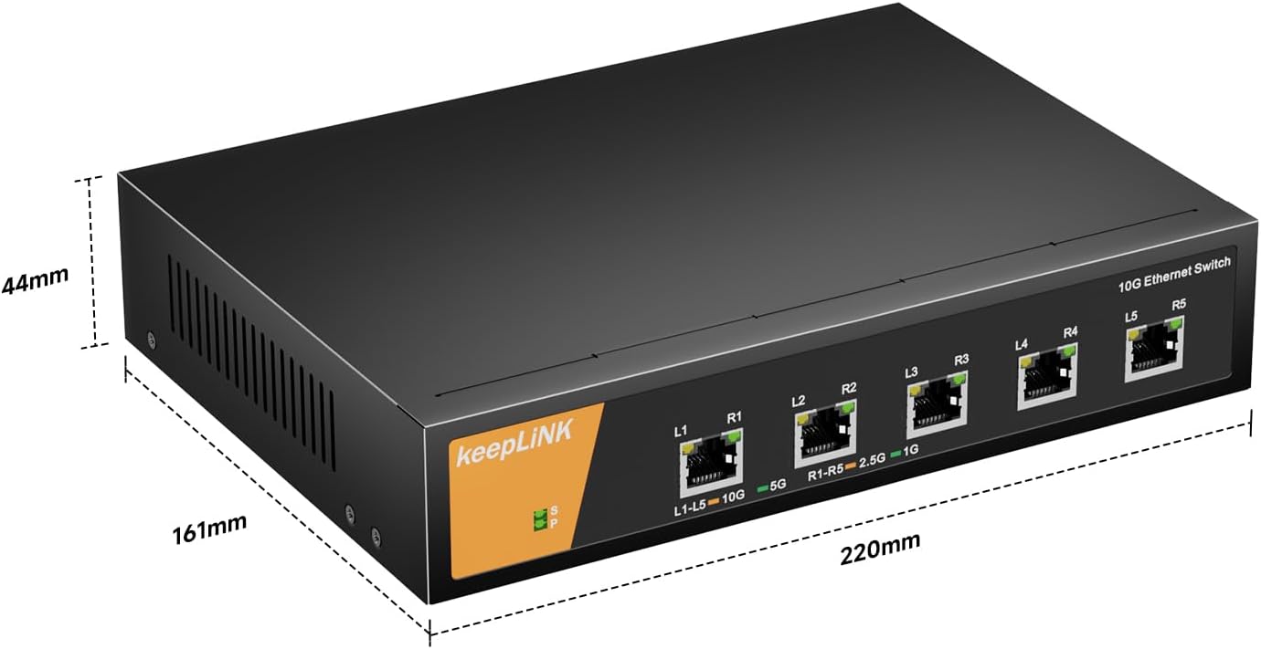 5 Port 10G Network Switch Unmanaged, Multi-Gig Ethernet Switch Desktop/Wall-Mount Plug & Play Fan Cooling, Sturdy Metal Casing