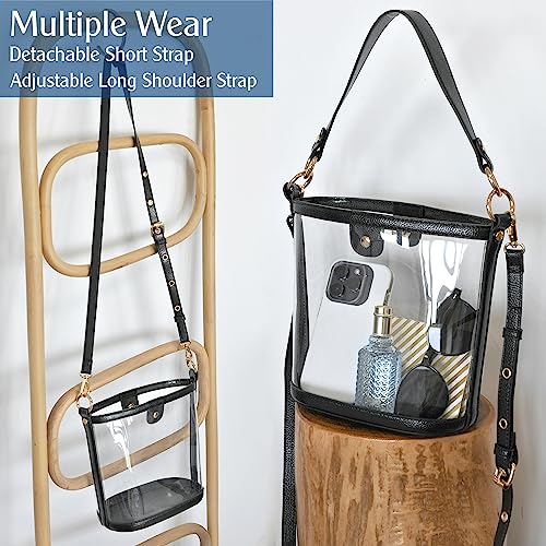 Women's Clear PVC Bucket Top Handle Crossbody Bag With Vegan Leather Trim Transparent Shoulder Handbag3