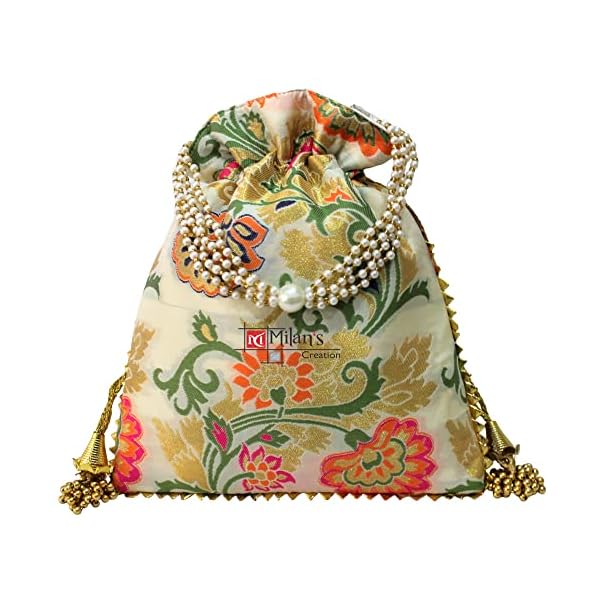 MILAN'S CREATION Designer Banarasi Brocade Potli Bag With Pearl Handle & Tassel Ethnic Wedding Purse Women’s Handbag