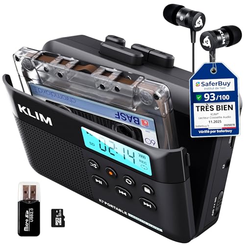 Cassette Player KLIM K7 - Lecteur Cassette Audio - Convertisseur Cassette Audio en MP3 - Microphone et Haut-Parleur intégrés - Batterie Rechargeable -...