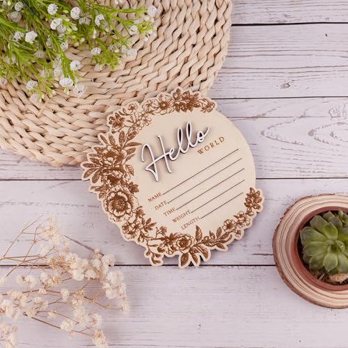 Image of Baby Name Announcement Sign - Floral Wooden Hello World Plaque for Newborn Photo Prop