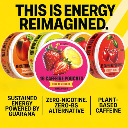 Image of LyvWel 56mg Caffeine Energy Pouches - Pink Lemonade - Clean Energy & Focus Boost with Guarana - 5-Pack with 16 Pouches Per Can (80 Total Pouches)