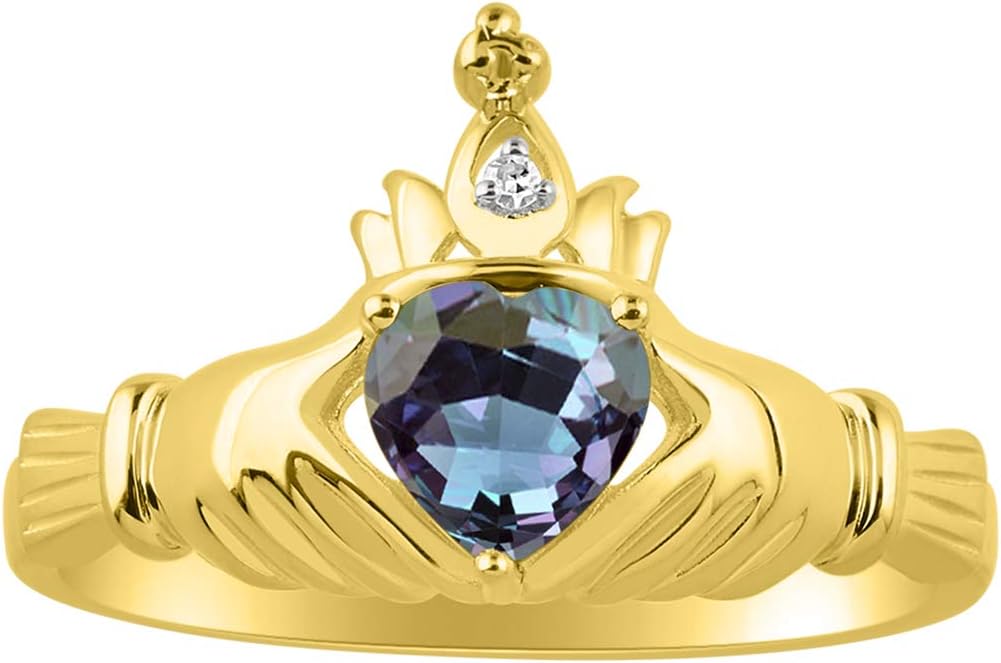 Rylos Rings for Women 14K Gold Plated Silver Claddah Love, Loyalty & Friendship Ring Heart 6MM Gemstone & Diamond Claddagh Rings Birthstone Jewelry for Women Sterling Silver Rings Size 5-13