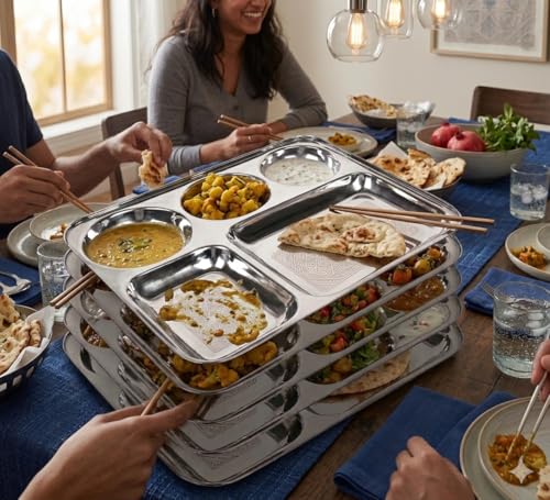 Image of Tableware Serving Stainless Steel Partition Plate 5 in1 / Bhojan Thali /Dinner Plate Set of 6 Partition Plate