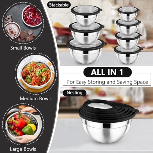 P&P CHEF Mixing Bowl with Lid Set of 7, Stainless Steel Nesting Salad Bowls for Cooking Serving Prepping, Clear Lids & Stackable Design, Size 4.6, 3.5, 3, 2, 1.5, 1, 0.7 Qt - Black - Thumbnail 3