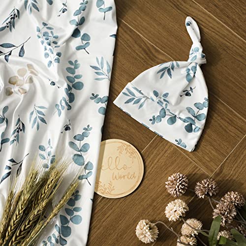 Chungel 100% Cotton Knitted Baby Swaddle Blanket With Hat Set, 35"X35", Newborn Swaddle Wrap, Receiving Blankets, Burping Cloth & Stroller Cover, Perfect For Boys Girls And Boys（Eucalyptus #TOP1