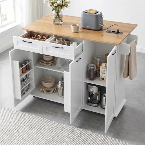 Songvas Îlot Central, Desserte Îlot de Cuisine sur roulettes, avec 2 Prises et 2 Ports USB, 119,5 x 44–74 x 94 cm, pour Cuisine et Salle à Manger, Blanc