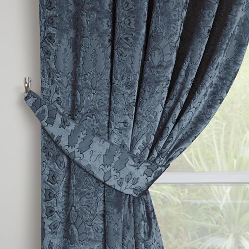 Curtina Navy Velvet Damask Curtains W66 x L54" (168 x 137cm) with 2 Tie Backs - 2 Panels - Luxury Drapes for Living Room - Image 3