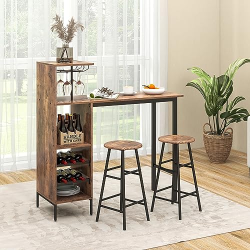 COSTWAY Bartisch mit Barhocker Set, 2 Personen Bartisch Set mit Halterungen für Weingläser und Flaschen, Küchentheke für Wohnzimmer, Esszimmer und Küche (Kaffee)
