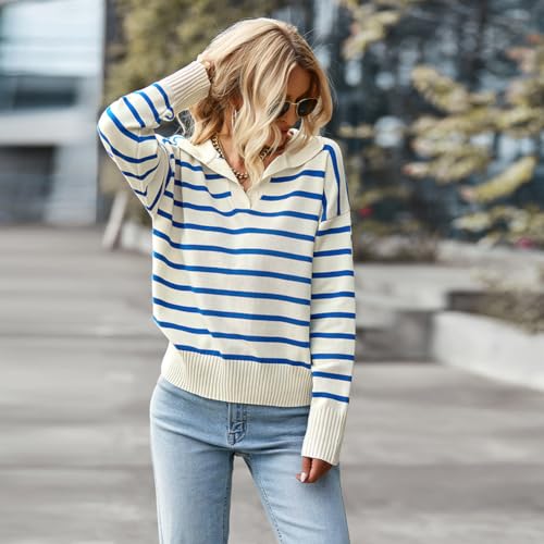 Image of utcoco Women's 2024 Knit Striped Sweater Casual Loose Polo V Neck Long Sleeve Pullover Jumper Tops