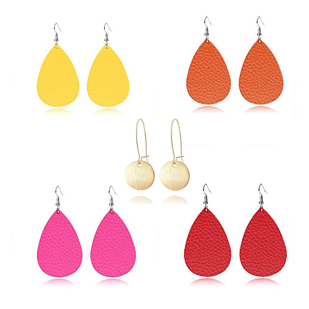 4 Pairs Leather Teardrop Glitter Sequins Earring Lightweight Leaf Drop Bohemian Hollow Earrings For Women