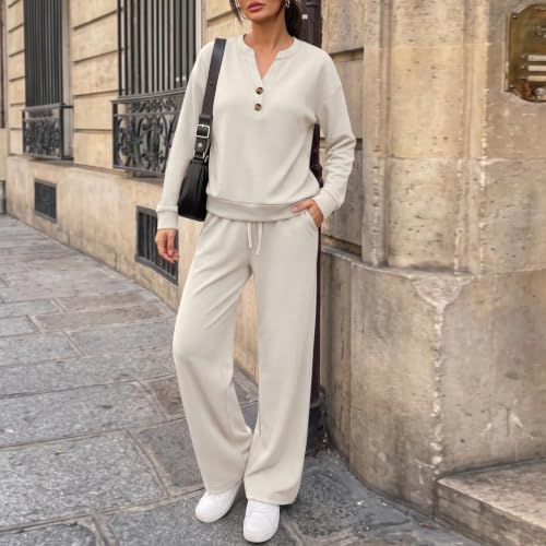 Gryvoilet Lounge Matching Set for Women 2 Piece Sets Fall Outfits Henley Neck Sweatshirt Wide Leg Sweatpants Airport Travel Two Piece Outfits Travel Vacation - image 4