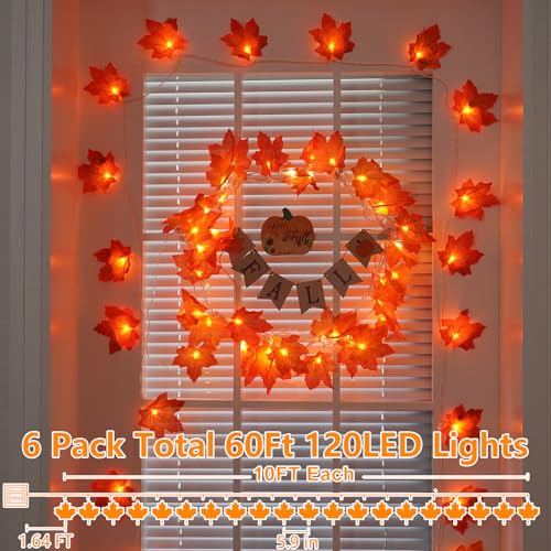 Image of YEGUO 6 PCS Thanksgiving Decorations for Home, Fall Lights Battery Operated, Total 60ft 120 LED Lighted Fall Garland Maple Leaves for Halloween Holiday Autumn Harvest Fall Thanksgiving Decor