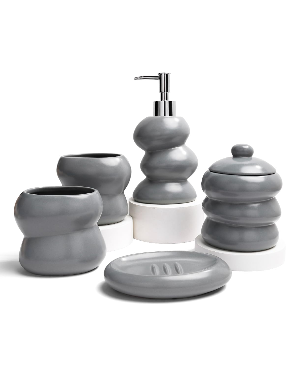 ANTIS'S HOME Juego de accesorios de baño de cerámica, 5 piezas, juego de baño pequeño de forma irregular, decoración minimalista para encimera para el hogar, apartamento y baño moderno, color gris