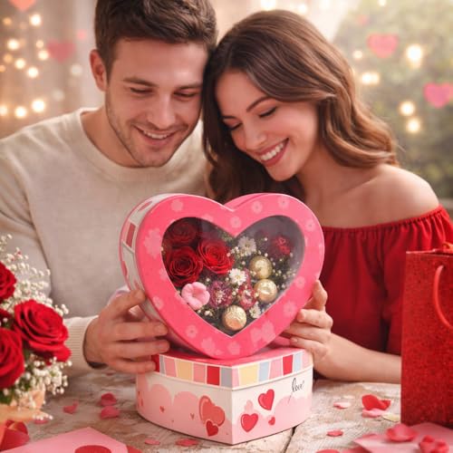 Image of Oasis Pack of 2 Heart Shaped Gift & Flower Hamper Boxes With Clear Lid | Classic Bouquet Box for Flower Arrangements & Gift Hampers | Decorative Gift Packaging Box - Pink Cupid Choice Heart