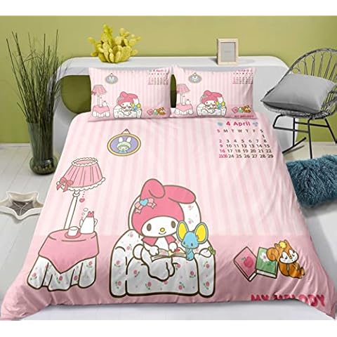NICHIYOBI Cute Cartoon Hello Kit Duvet Cover Bedding Set Child Duvet Cover and Two Pillowcases Microfibre 3D Digital Print Three-Piece Bedding (06, Single + 50 x 75 cm) Cover
