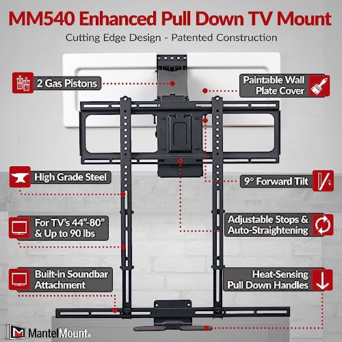 Image of MantelMount MM540 - Above Fireplace Pull Down TV Mount for 44 inch to 80 inch Screen TVs to 90 lbs, with Patented auto-straightening, Adjustable Stops, Heat Sensor Handles & Paintable Covers