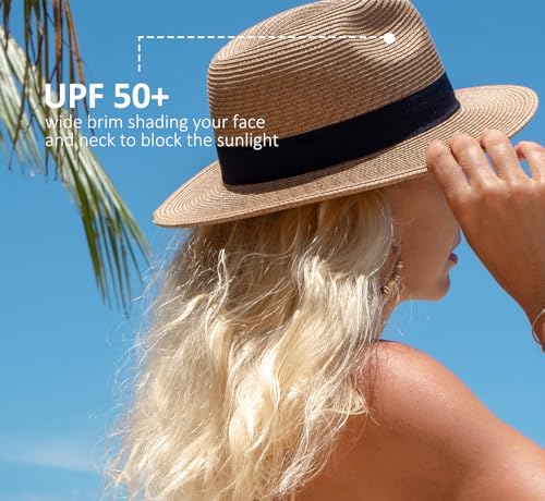 Joywant Abby Straw Sun Hat For Women With Uv Protection Wide Brim Wind Lanyard,Travel Foldable Summer Beach Hat Panama Fedora-Brown thumb #1