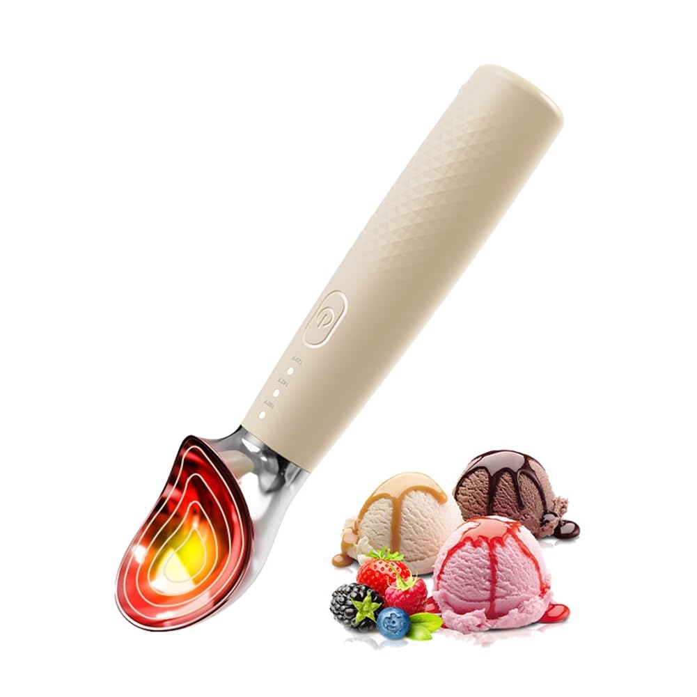 Aundhegrtt Heated Ice Cream Scoop, Rechargeable USB-C Fast Charging 3-Speed Electric Warming Scooper, for Hard Ice Cream, Gelato Beige