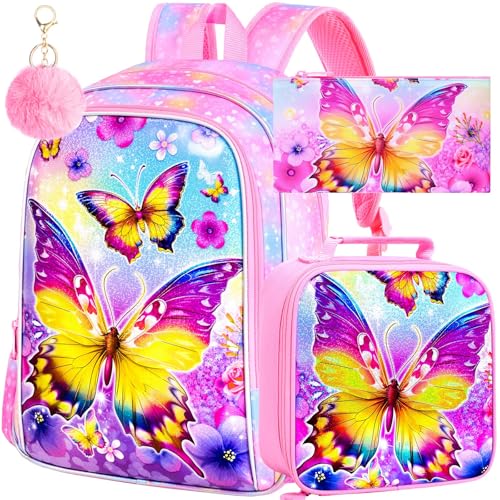 3PCS Butterfly Backpack for Girls, 16'' Kids Preschool Bookbag with Lunch Box, Cute Animal Water ResistantSchool Bag Set for Elementary Kindergarten Travel