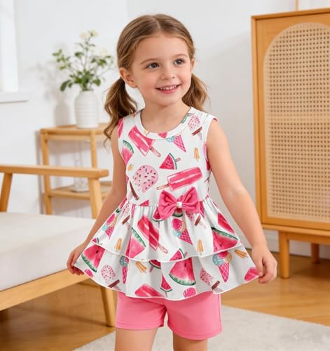 Image of Girls 2 Piece Outfit Summer Short Set Sleeveless Bow Knot Tank Top and Shorts Cute Clothes for Toddler Girls