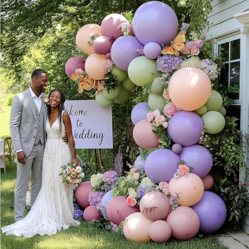 Image of Dusty Green Purple Pink Balloon Garland Double Stuffed Pastel Light Green Pink Lavender Lilac Balloon Arch Kit Mauve Blush Balloons for Baby Shower Wildflower Birthday Wedding Summer Tea Party Decor