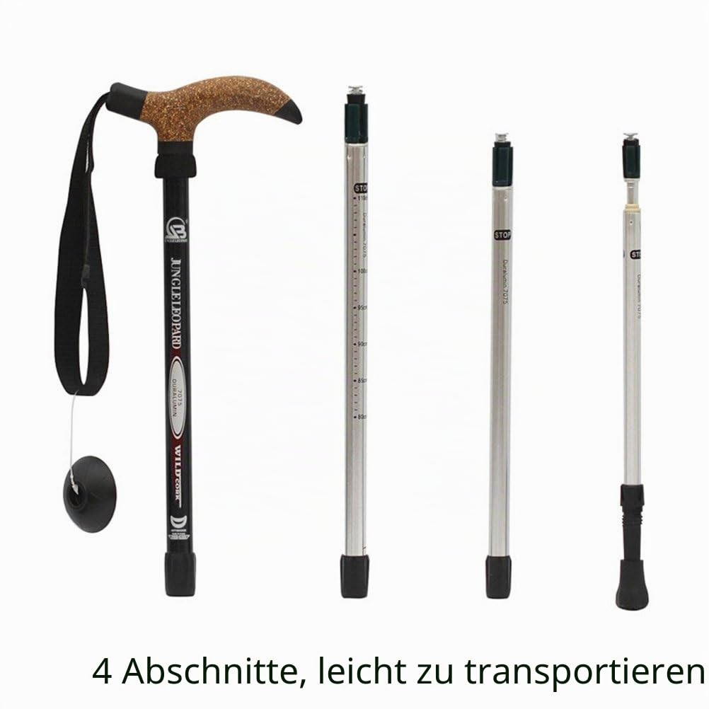 KRY Bergstock / Wanderstock, T-förmiger Griff, einziehbar, aus Luftfahrt-Aluminiumlegierung, verstellbare Teleskopstange, Stoßdämpfung, schwarz