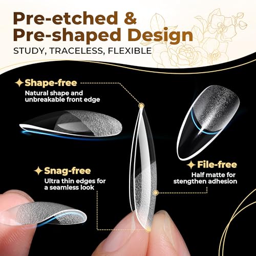 Image of UNA GELLA Almond Gel Nail Tips, 504PCS Pre Etched Clear Fake Nails Tips Medium Almond Shape - 12 Sizes Full Cover Soft Acrylic Press On Nail Extensions No C Curve Gift for Diy at Home