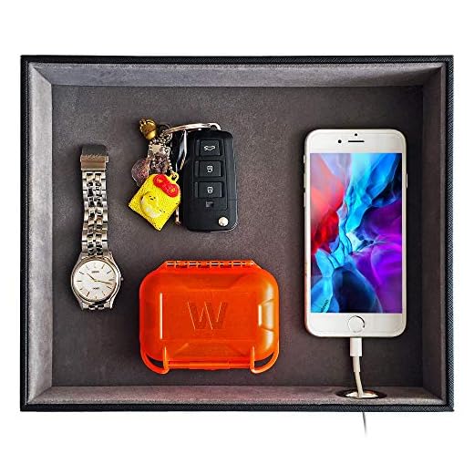 SUKKMORI Valet Tray Desk Organizer - PU Leather Nightstand Organizer for Men and Women, Dresser Tray, Catchall Tray for Key Jewelry Accessories, Vanity Tray Box, Bedside Table Charging Station