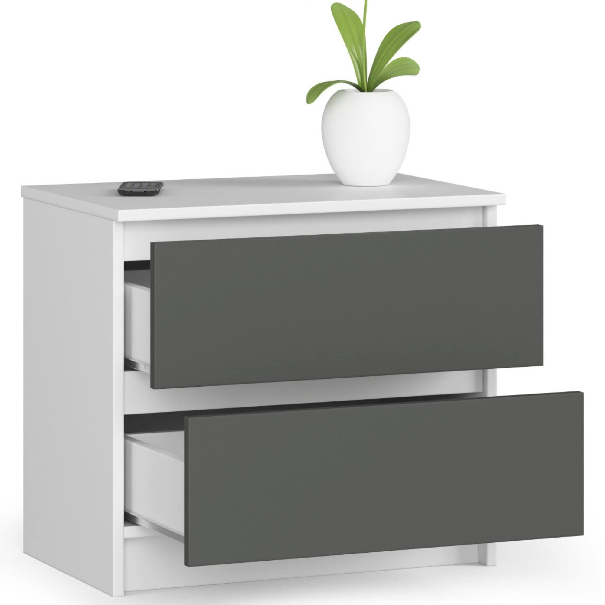 Commode 2 Tiroirs En Chêne 60x55x40 Cm - Meuble Rangement Pour Chambre, Salon, Couloir - Finition Brillante, Montage Facile