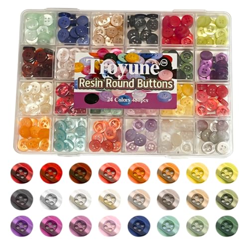 480 pcs Resin Buttons for Sewing, 11.5mm 4-Hole Flat Shank Buttons, 24 Assorted Pearlized Colors for Crafting, Clothing, DIY Projects - with Convenient Storage Case