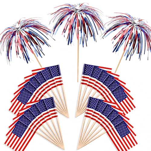 4th of July Decorations 100 PCS Usa American Flag Toothpicks Firework Cupcake Toppers Firework Toothpicks Cocktail Picks American Flag Cupcake Toppers for Party Decoration Celebration