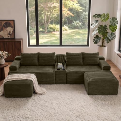 Image of 140 inch Modular Sectional Sofa, U-Shape Corduroy Boneless Couch Brown