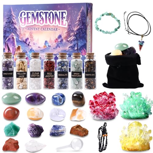 COZCLAM Crystal Advent Calendar 2025, 24 Days Natural Gemstones & Crystal Growing Kit Christmas Countdown Calendar, Healing Crystals for Adult Women, Minerals Fossils Gift for Kids Girl Boy