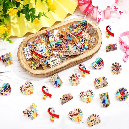 Image of Landical 60 Pcs All Cancer Awareness Pins Bulk Breast Cancer Awareness Lapel Pins Pink Multicolor Ribbon Items Supplies for Hats Backpacks Clothing Women Gifts