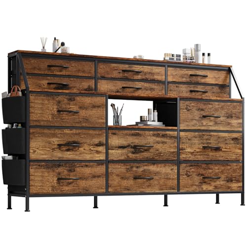 Dresser for Bedroom with 14 Drawers, 55" W Dresser with Side Pocket, Fabric Dressers & Chests of Drawers with Shelves, Sturdy Frame, Wood Top
