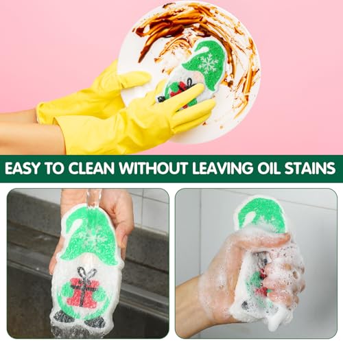 Image of Layhit 12 Pcs Christmas Dish Sponges Cute Kitchen Non Scratch Scrub Sink Sponges Wood Pulp Reusable Household Cleaning Cloth for Kitchen Dishes Furniture(Gnome)