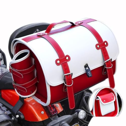 DIALFA Motorrad Topcase für Honda Shadow 750 2015-2024, Leder wasserdichte Retro Motorrad Pannier Satteltasche Reisetasche Große Kapazität Gepäckträgertaschen,C Red