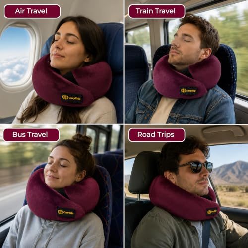 Image of Neck Pillow, Travel Neck Pillow with 100% Hi-Per Foam Memory Foam, Lightweight Neck Support Pillow for Flight Travel, Adjustable Velcro Straps, Free Travel Pouch, Bed, Car Neck Pillow (Wine)