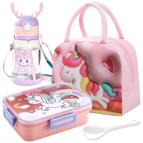 Unicorno Scatole Bento, Porta Pranzo Lunch Box con Borraccia Borsa Termica Posate Schiscetta Pranzo Borse Frigo Pranzos Bento Box con Scomparti Studente Portapranzo Portatile per Picnic Scuola Uffici