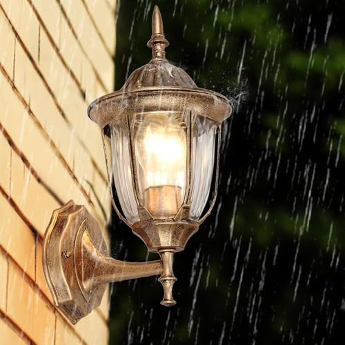 Image of WHITERAY Golden Aluminium Die Cast Outdoor Wall Light Lantern Waterproof Lighting Fixture Lamp with Clear Glass Panels Antquei Finish Perfect for Farmhouse, Muesum, Garden, Entryway (Without Bulb)