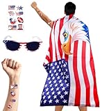 JEROKUMI American Flag Costume Cape, 4th of July USA Flag Costume with Sunglasses Temporary Tattoo Stickers, USA Patriotic Eagle Flag Cloak for Adult Women Men Patriotic Party