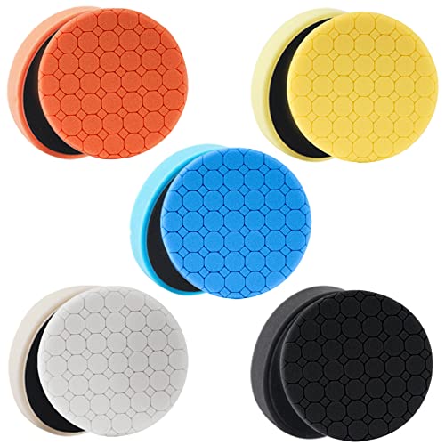CHEGIF Buffing Polishing Pads 5Pcs 5.5 Inch Face for 5 Inch Backing Plate Compound Buffing Sponge Pads with Hex Logic Pattern Cutting Polishing Pad Kit for Car Buffer Polisher Polishing and Waxing
