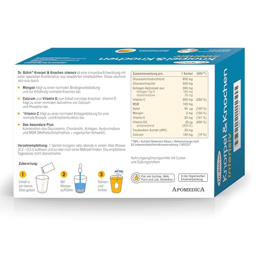 Dr. Böhm Knorpel & Knochen intensiv: Für Gelenke, Knochen, Knorpel & Bandscheiben, Trinkpulver mit Gelenknährstoffen, Calcium & Vitamin D, mit Mango-Geschmack, 30 Stk