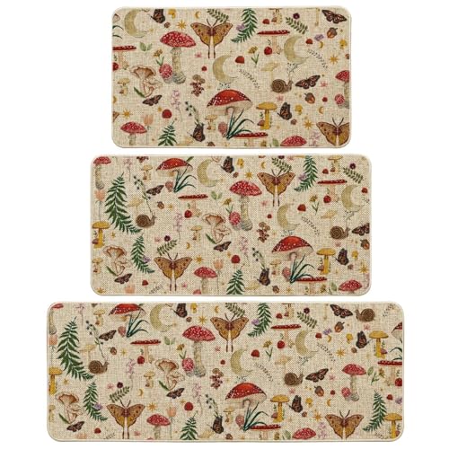Artoid Mode Mushrooms Butterfly Spring Kitchen Mats Set of 3, Home Decor Low-Profile Kitchen Rugs for Floor - 17