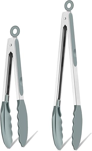 TeamFar Pinzas de cocina, pinzas de cocina de acero inoxidable de 9 y 12 pulgadas con puntas de silicona para cocinar a la parrilla y hacer