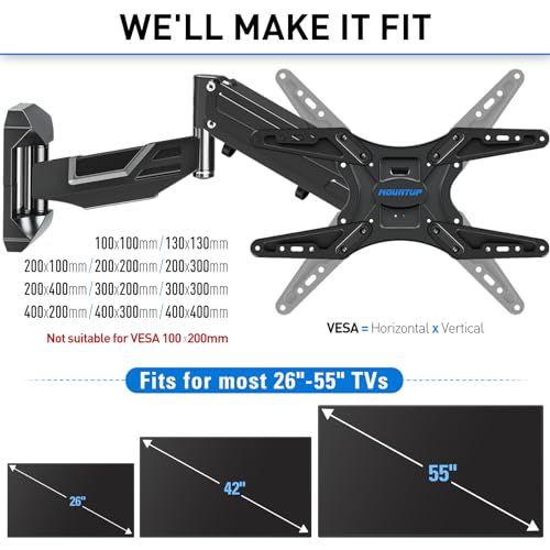 MOUNTUP Height Adjustable TV Wall Mount for 26-55 Inch TVs, Gas Spring Full Motion Articulating TV Bracket with Smooth Swivel Tilt & Safe Corner Installation, 400x400mm VESA, 11-66 lbs, Textured Black