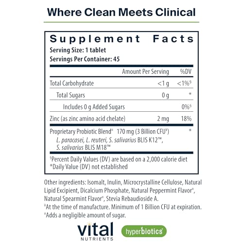 Hyperbiotics Vital Nutrients Pro Dental Probiotic | Clinically Studied BLIS K12 and M18 | Oral Probiotics for Bad Breath treatment for adults | Oral Health for teeth and gums | 45 Mint Tablets